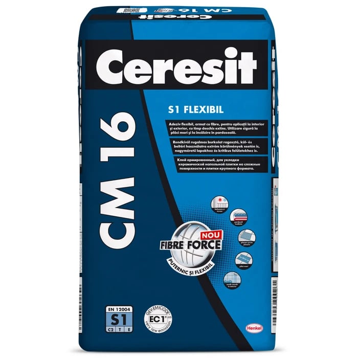 Adeziv flexibil pentru gresie si faianta Ceresit CM 16, interior / exterior, gri, 25 kg